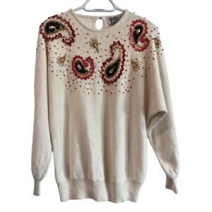 Vtg Crystal Sportswear Beaded Sweater L Silk Angora Blend Cream Paisley Design